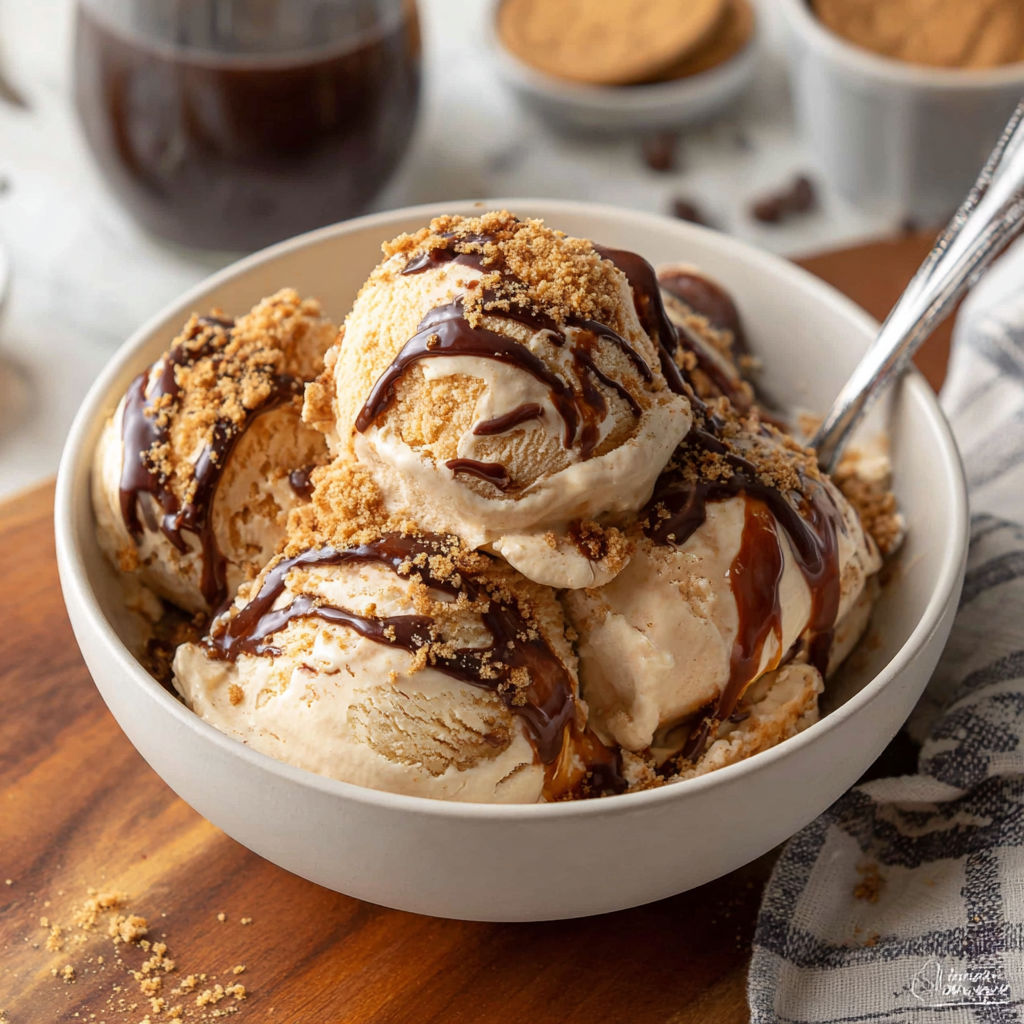 A bowl of ice cream with chocolate sauce and crumbles.