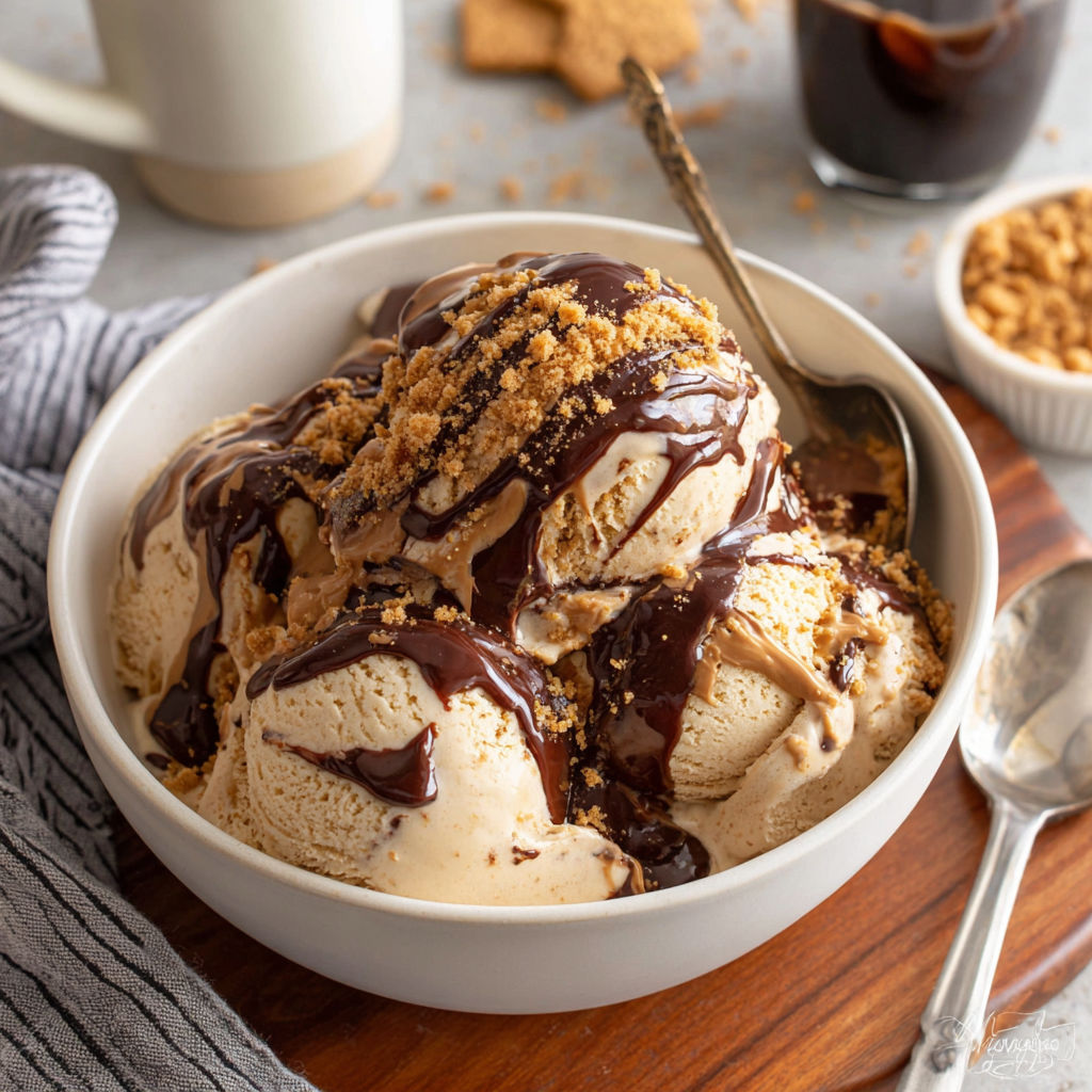 A bowl of ice cream with chocolate sauce and crushed cookies.