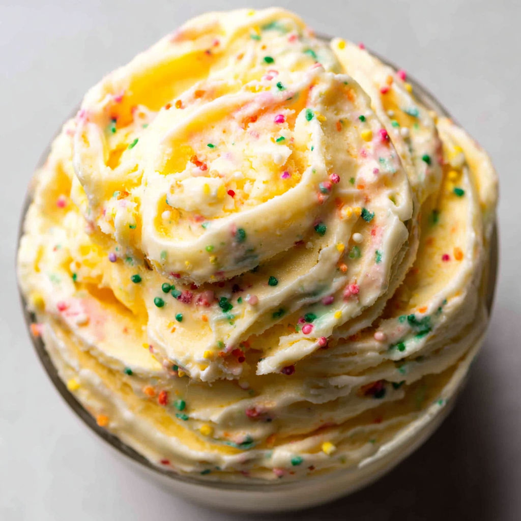 A yellow and white frosted cake with sprinkles.