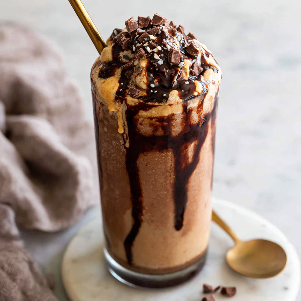 A glass of chocolate milk with a spoon in it.
