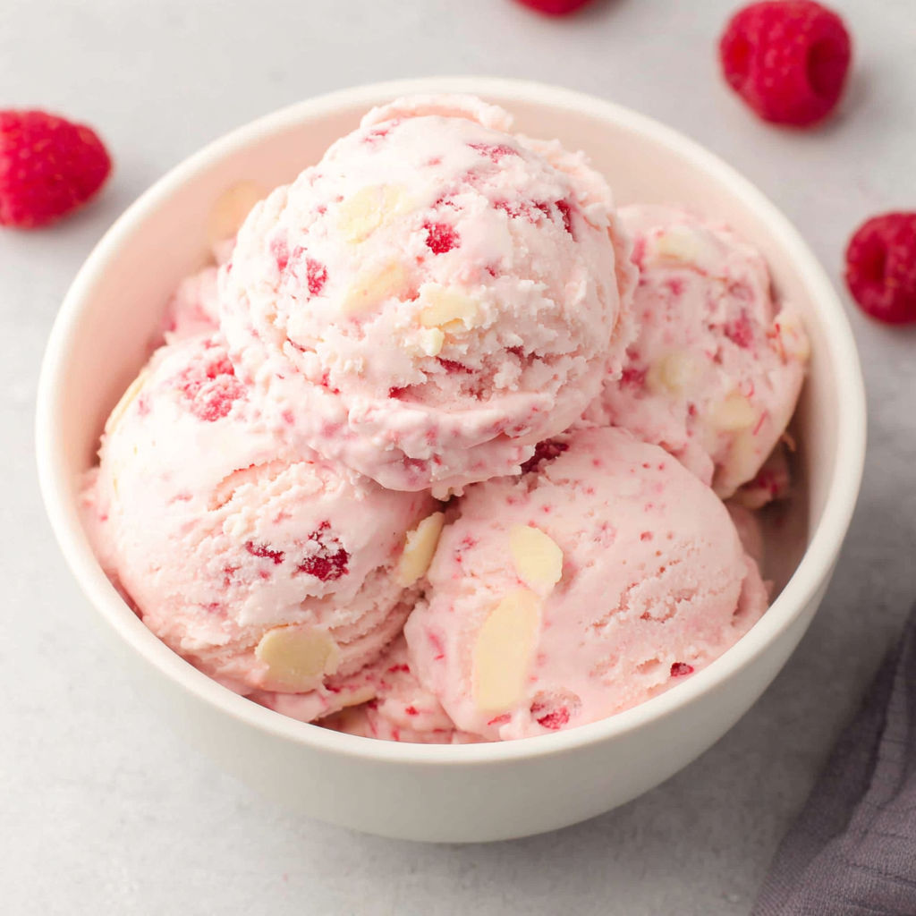 A bowl of pink ice cream with raspberries on top.