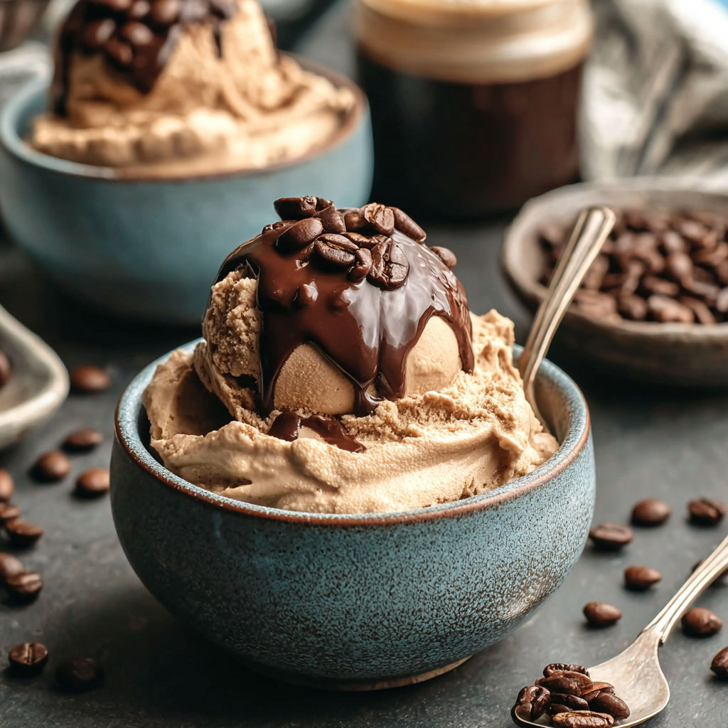 A bowl of ice cream with chocolate drizzle.