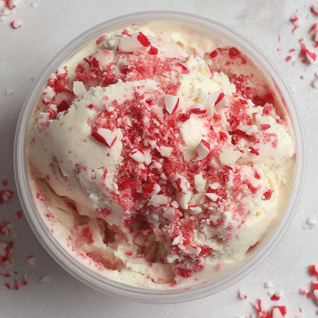 A red and white frozen dessert with candy canes on top.
