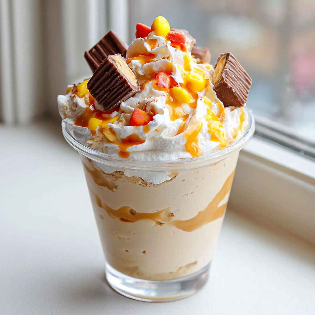 A glass of ice cream with candy on top.