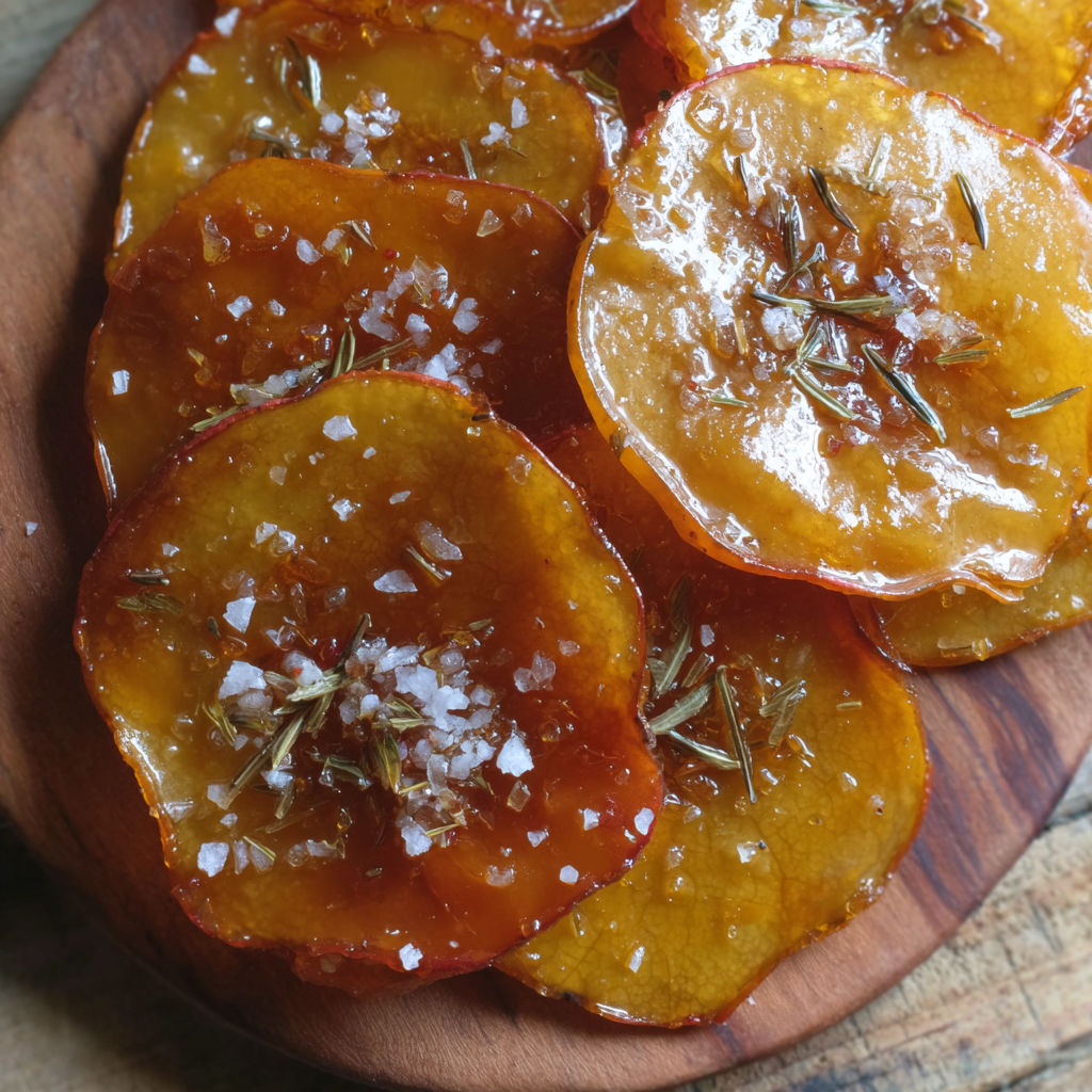 A wooden cutting board with sliced apples and salt.