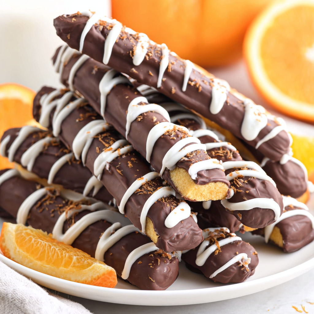 A plate of chocolate covered pretzels with orange slices.