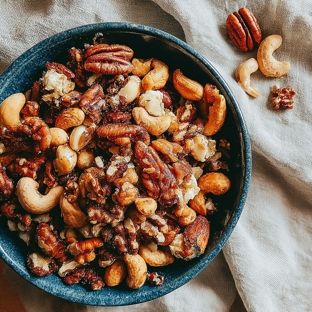 A bowl of nuts on a table.