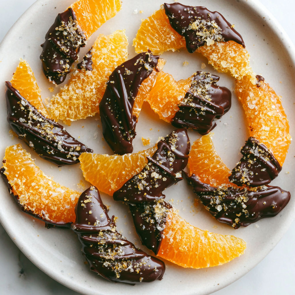 A plate of chocolate covered oranges.