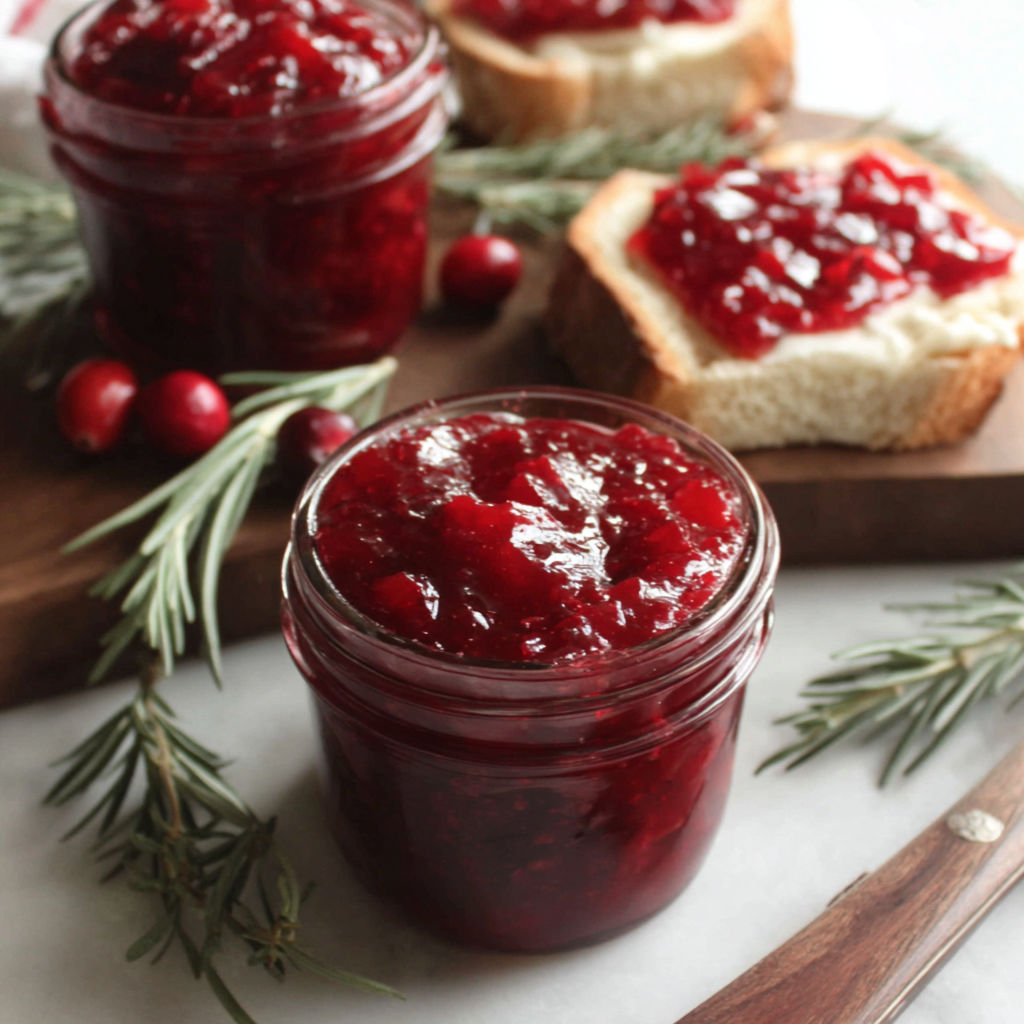 A jar of jam with bread and berries on a table.