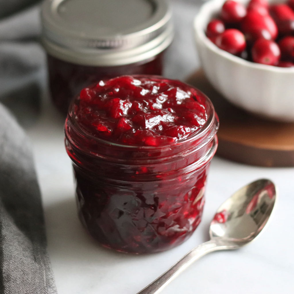 A jar of jam with a spoon in it.