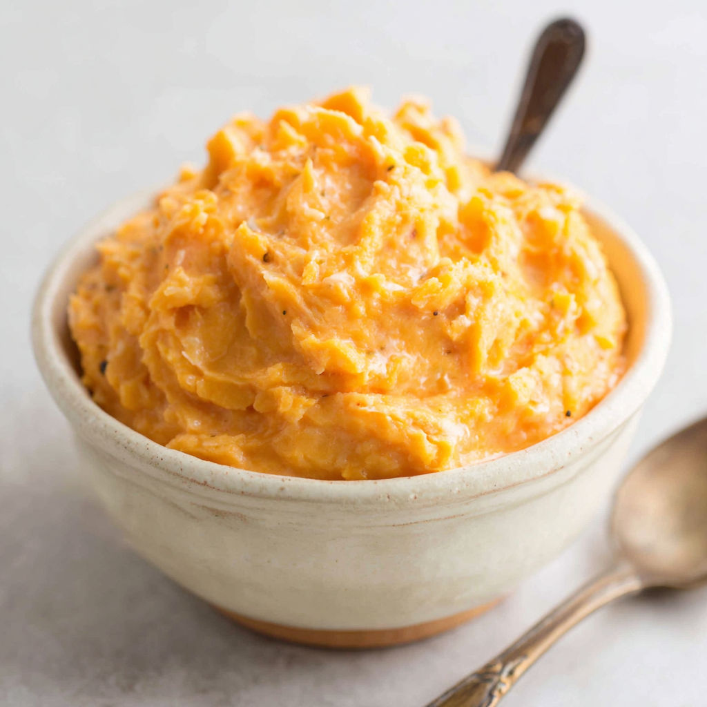 A bowl of mashed potatoes with a spoon in it.