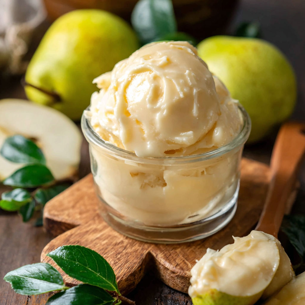 A bowl of ice cream with a pear on top.