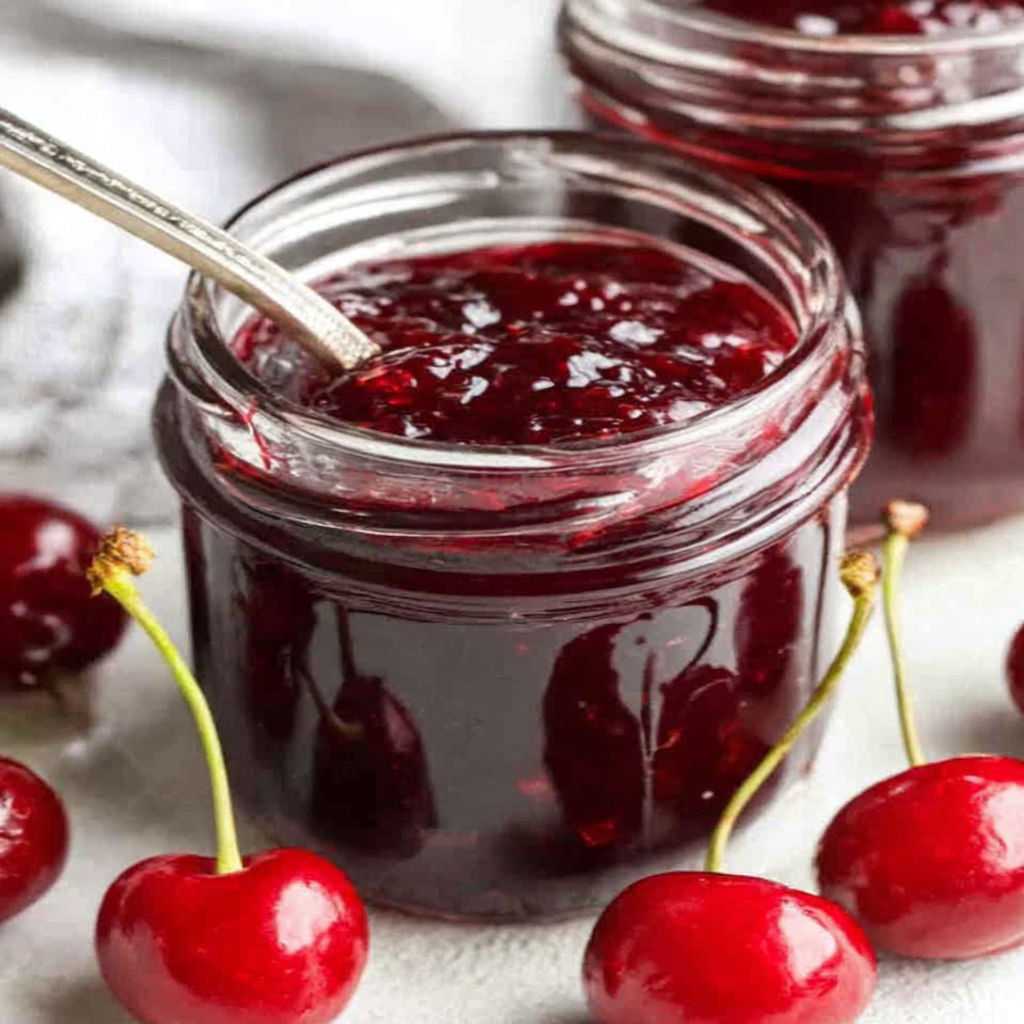 Cherry jam in a jar.