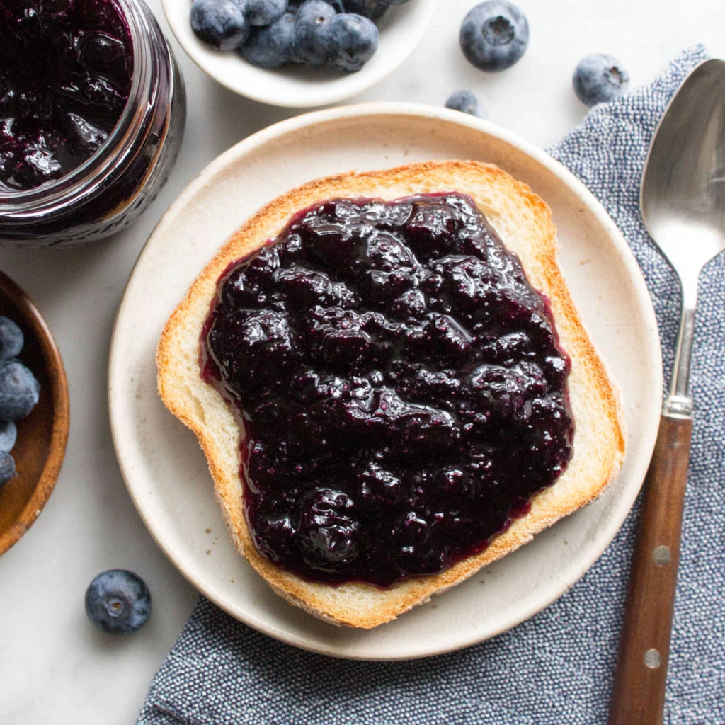 A slice of bread with blueberry jam on it.