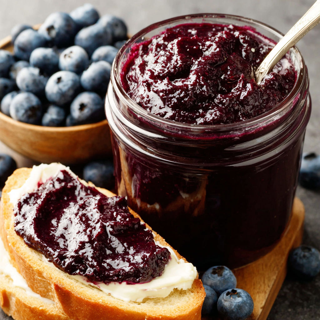 A jar of blueberry jam with a spoon in it.