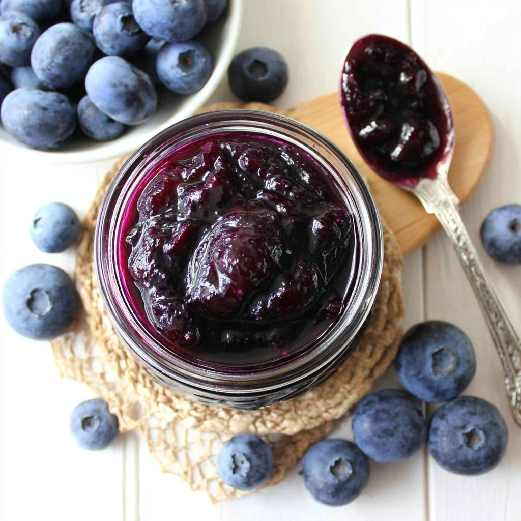 A jar of blueberry jam with a spoon in it.