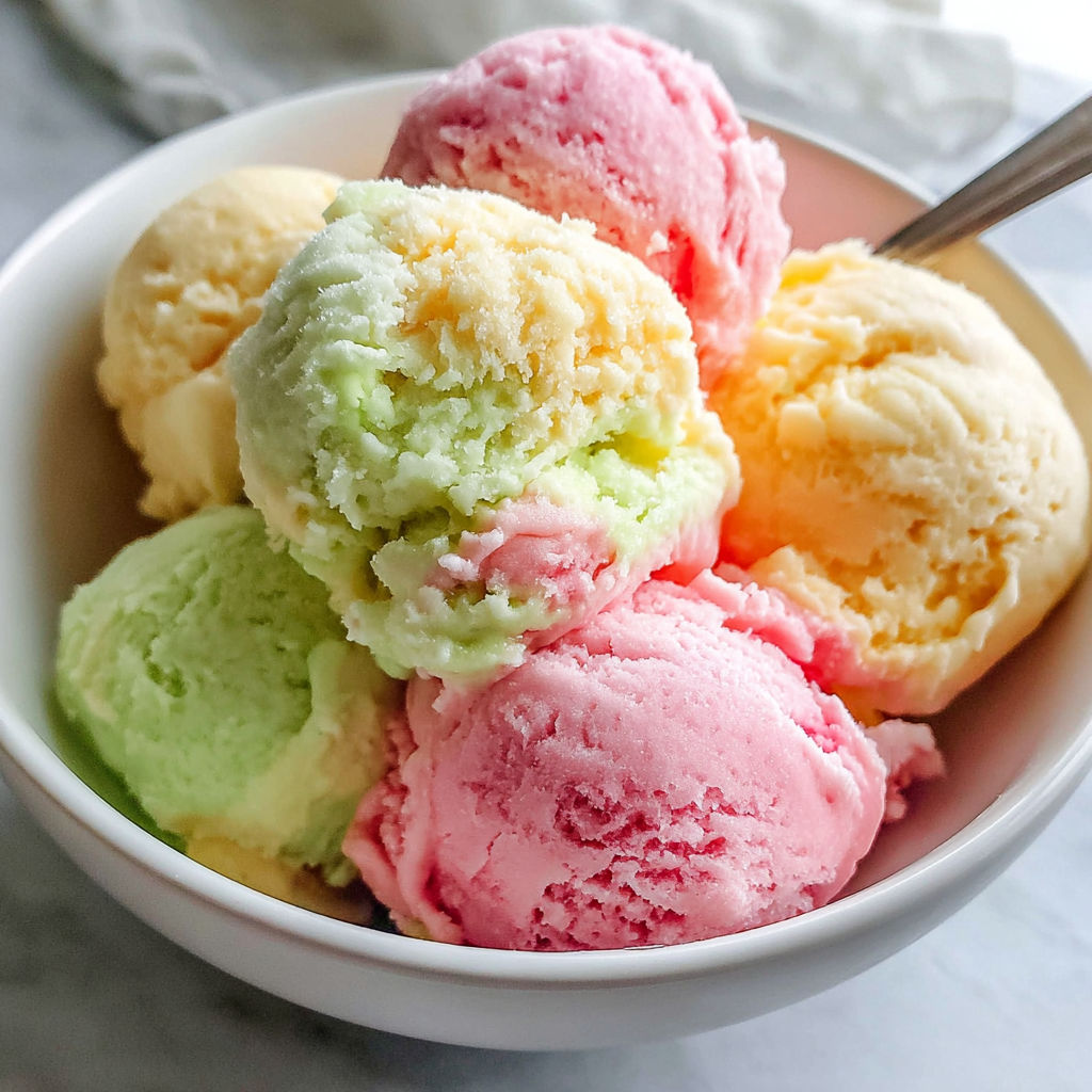 A bowl of ice cream with different flavors.