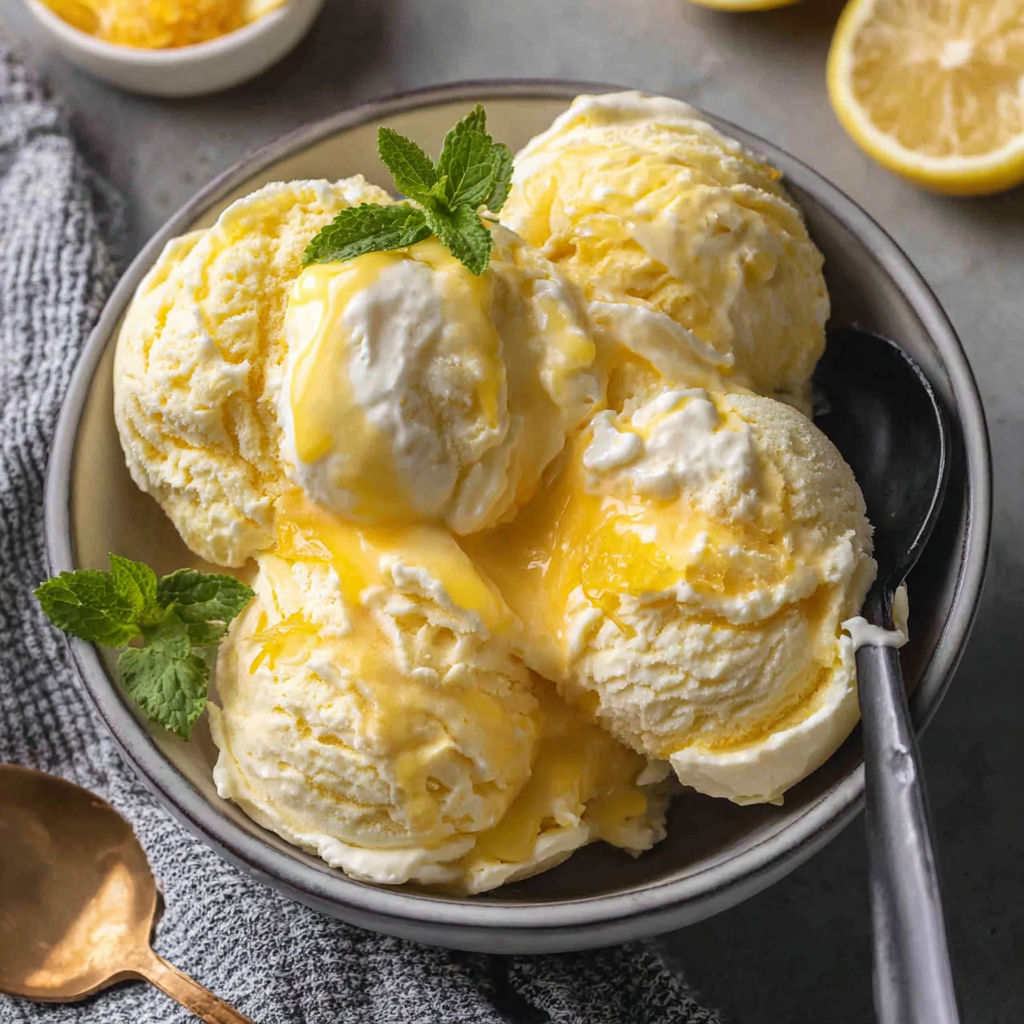 A bowl of ice cream with lemon slices on top.