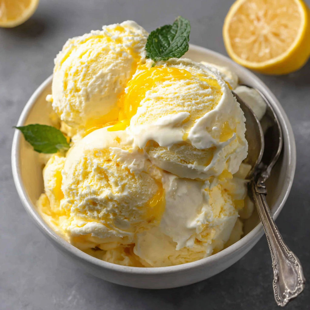 A bowl of yellow ice cream with mint leaves on top.