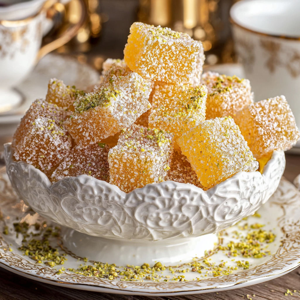 A bowl of sugar cubes with green sprinkles.