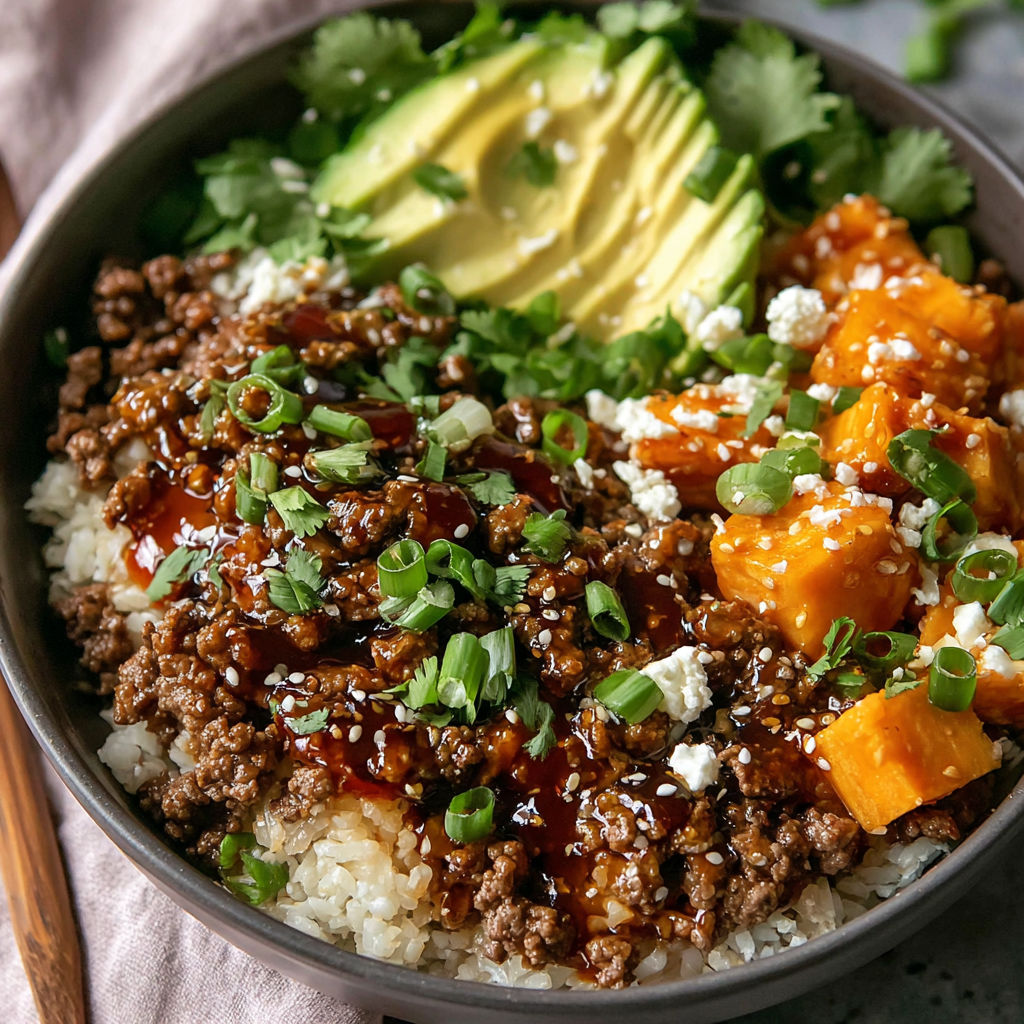 A bowl of food with rice, meat, and vegetables.