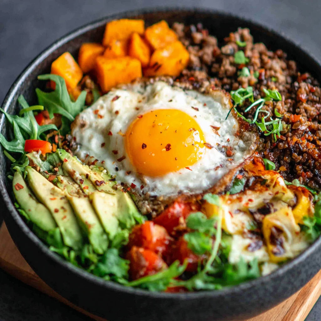 A bowl of food with a fried egg on top.