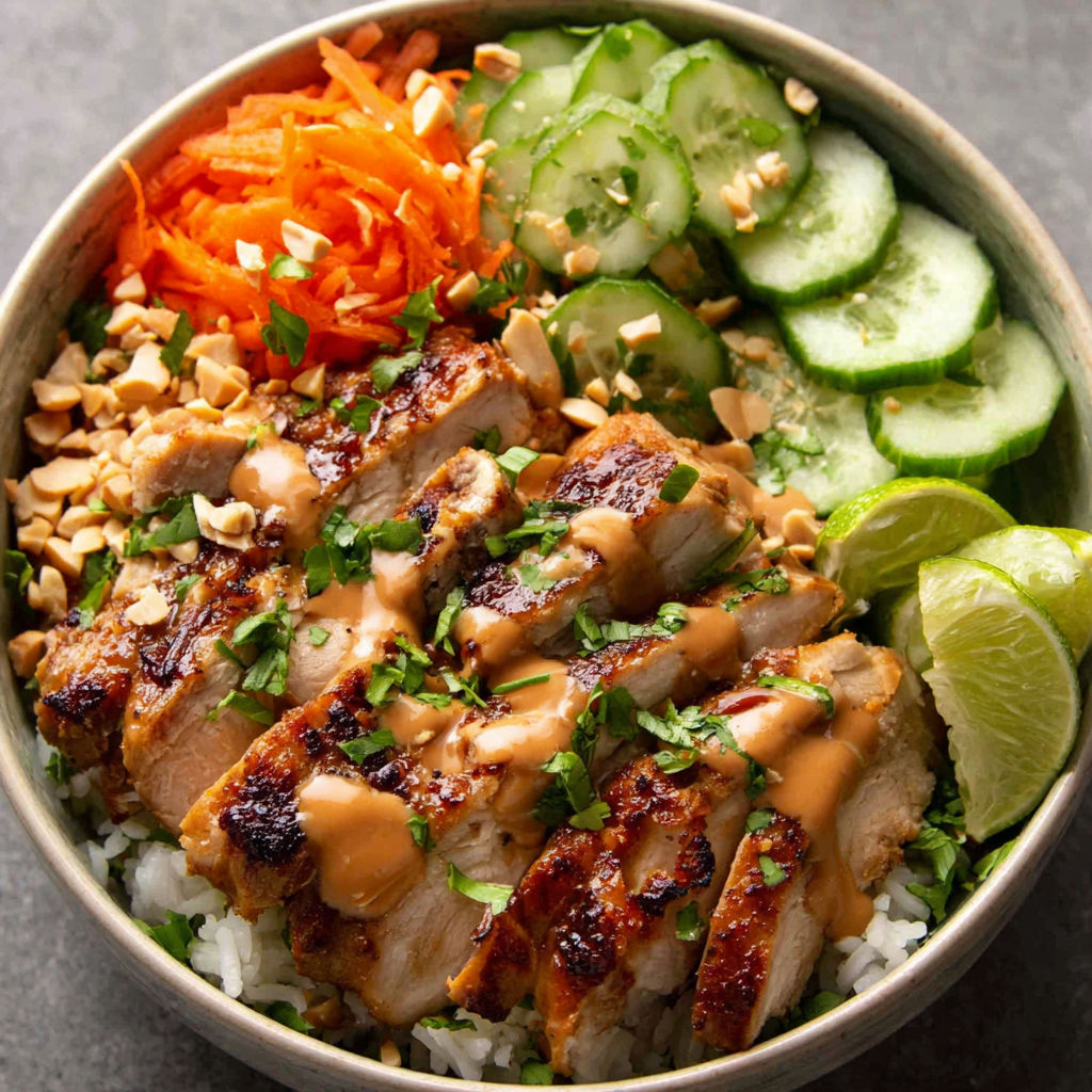 A bowl of food with rice, meat, and vegetables.