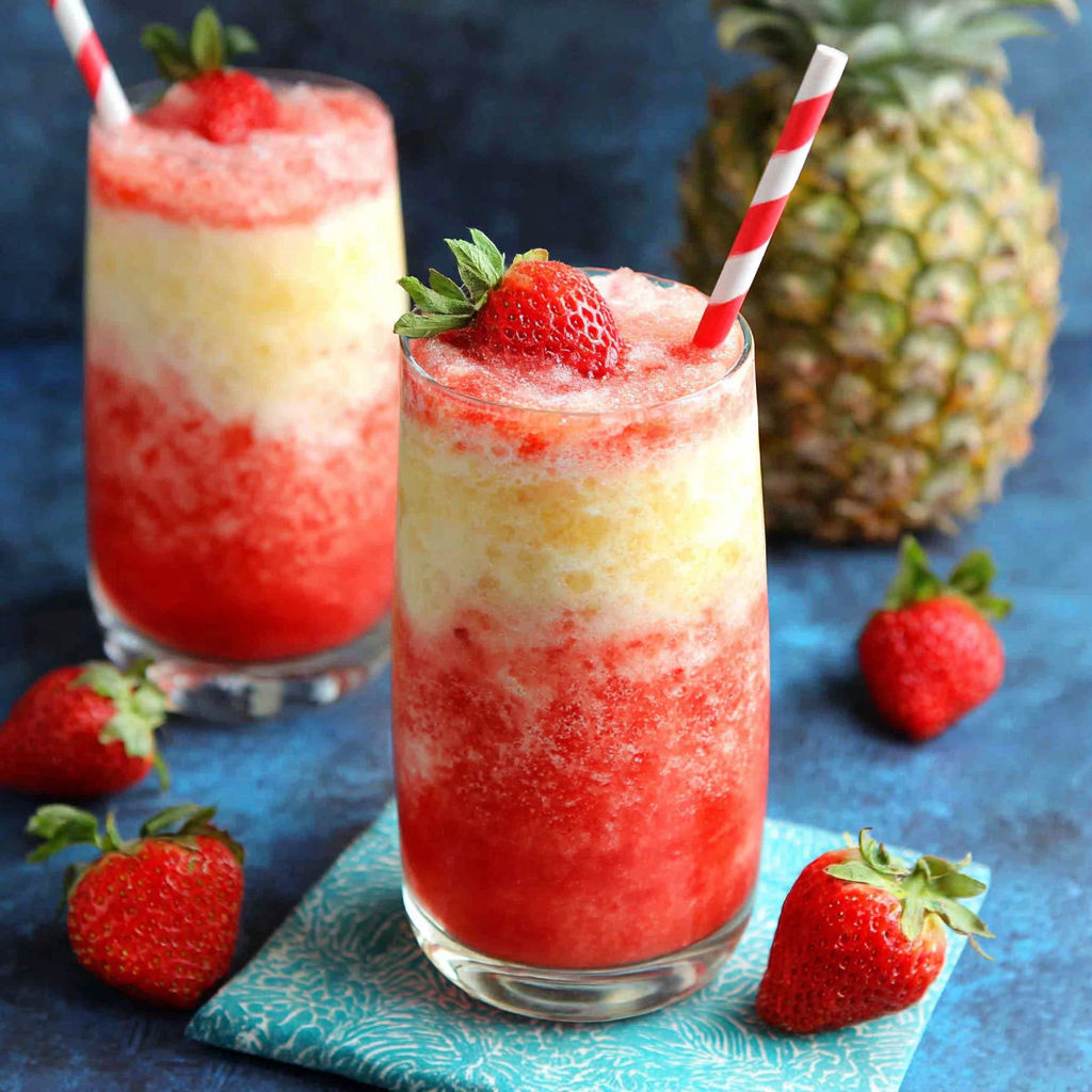 Two glasses of strawberry milk with strawberries on the side.