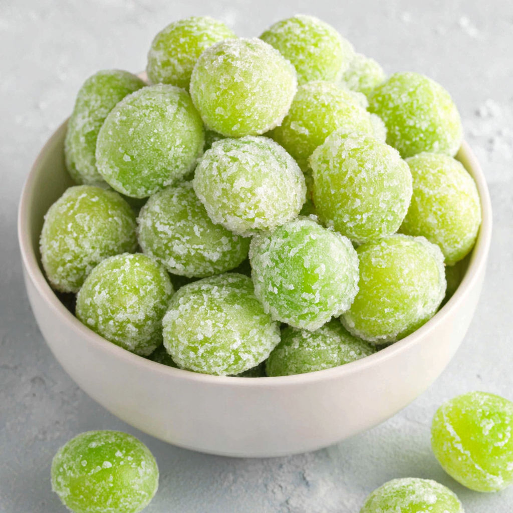 A bowl of green frozen balls.