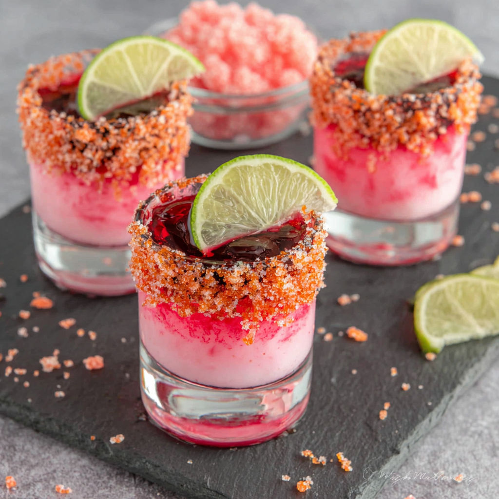 A recipe for a drink with a lime wedge and a pink drink.