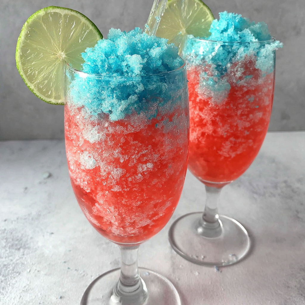 Two glasses of red and blue drinks.