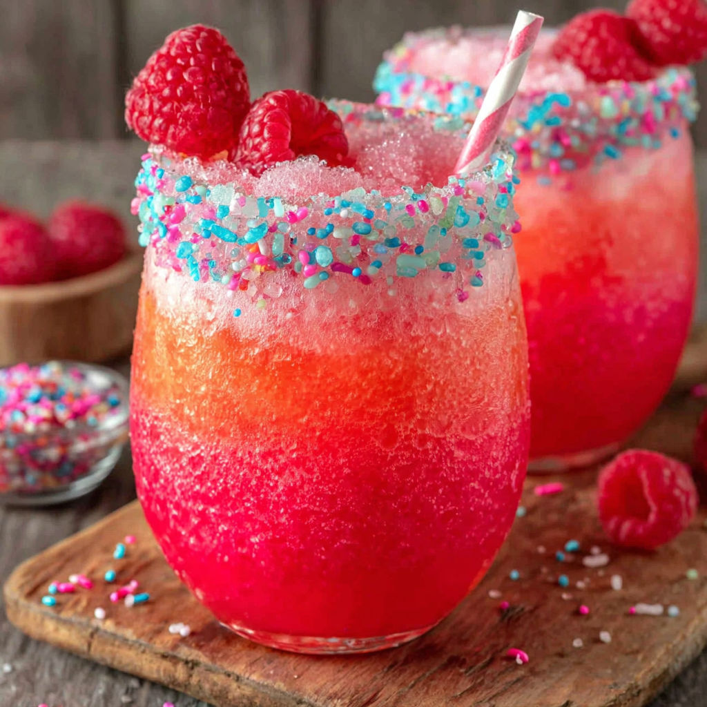A glass of pink and red drink with a straw.