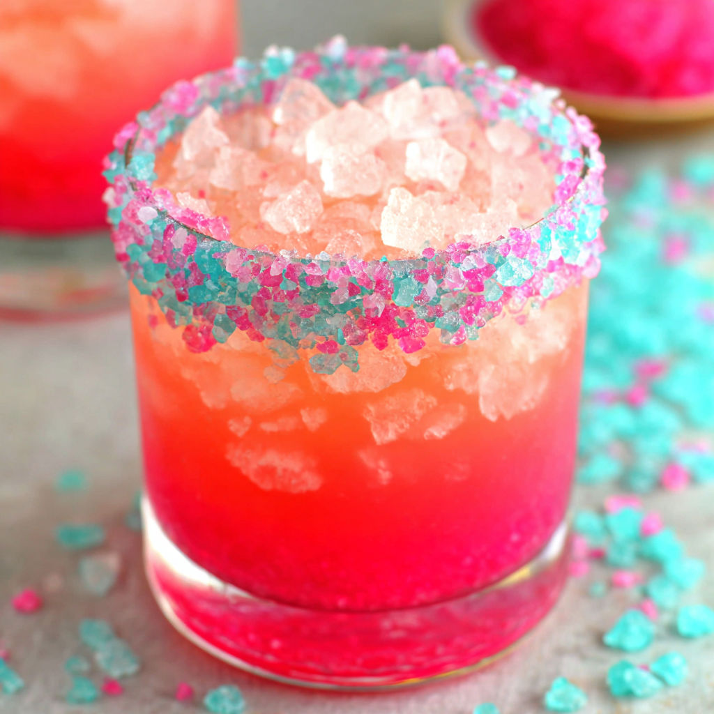 A glass of pink drink with a sprinkle of sugar on top.