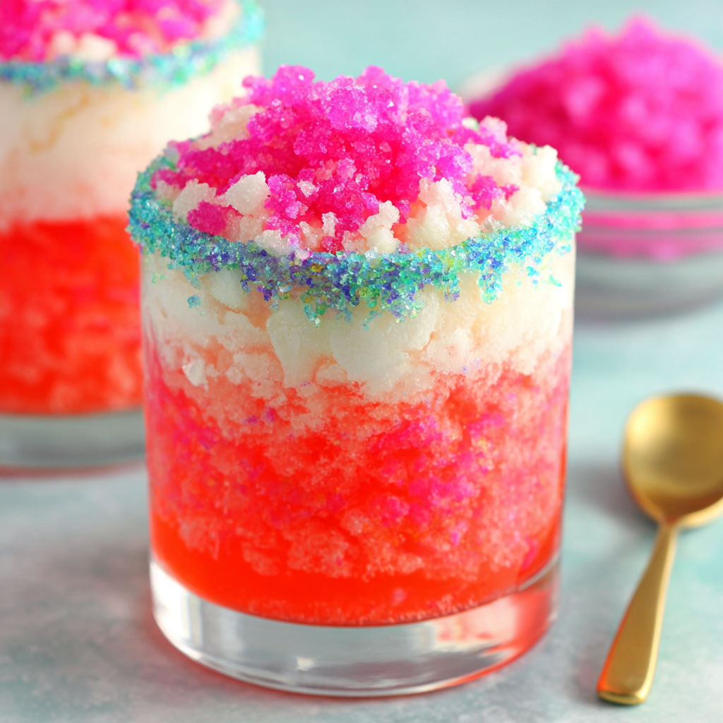 A glass of pink and red colored dessert.