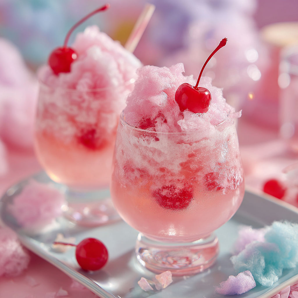 A glass of pink frozen drink with cherries on top.