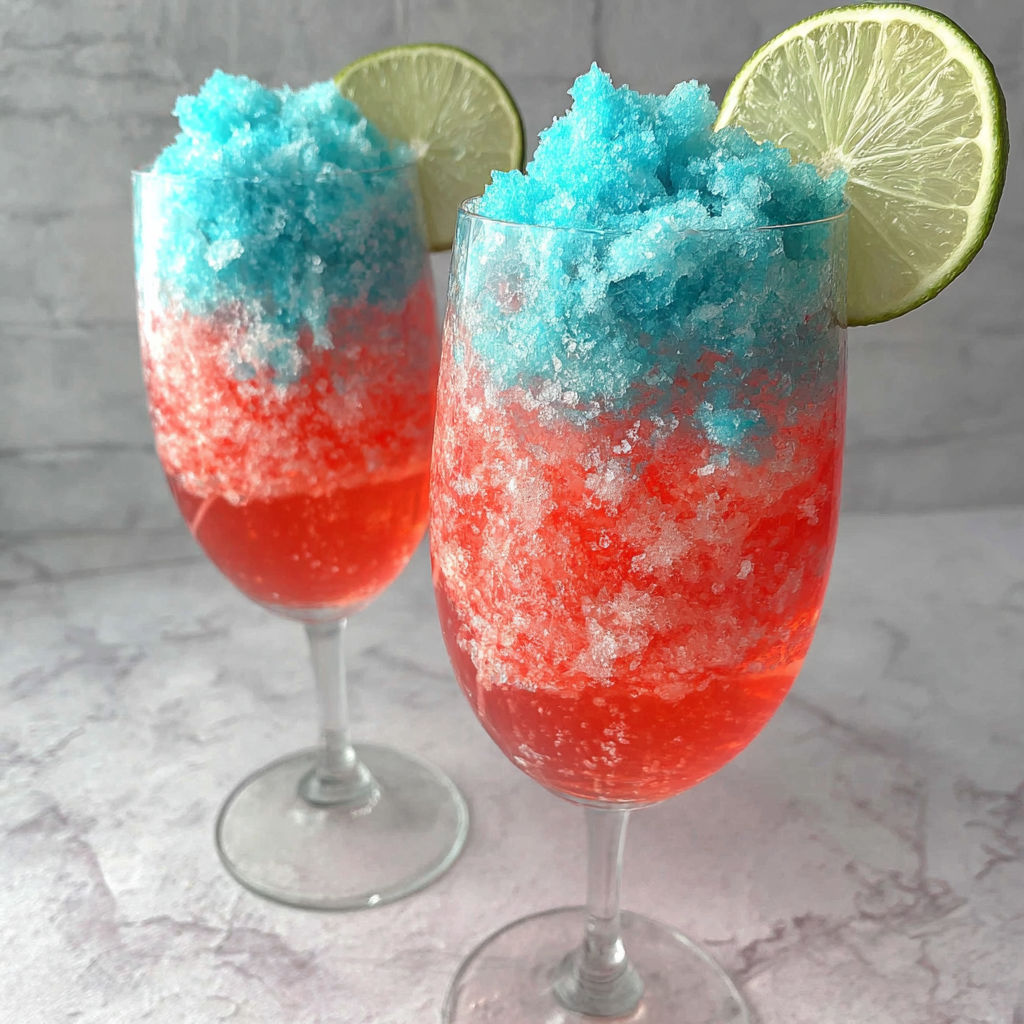 Two glasses of red and blue drinks with limes.