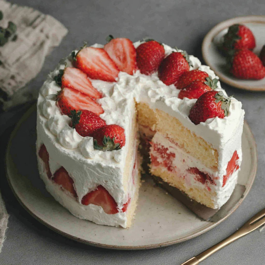 A slice of cake with strawberries on top.