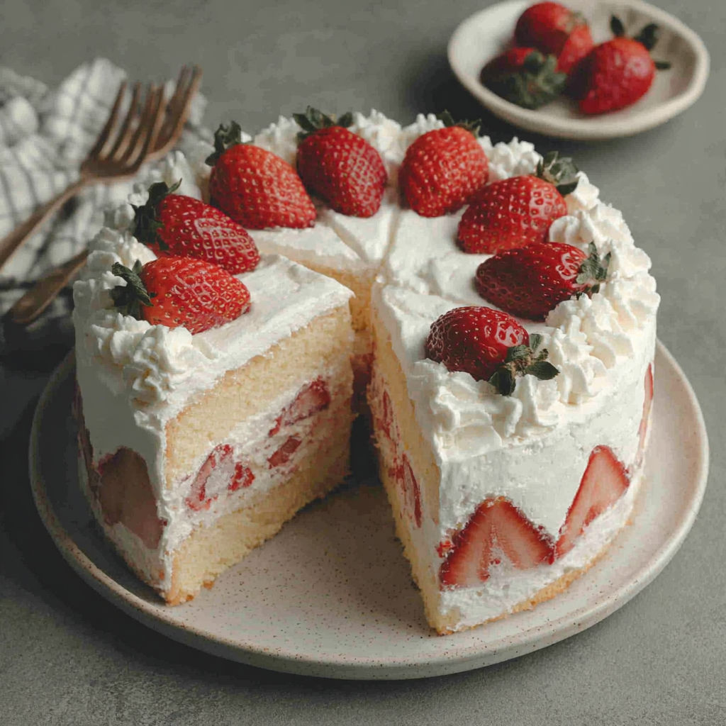 A slice of cake with white frosting and strawberries.