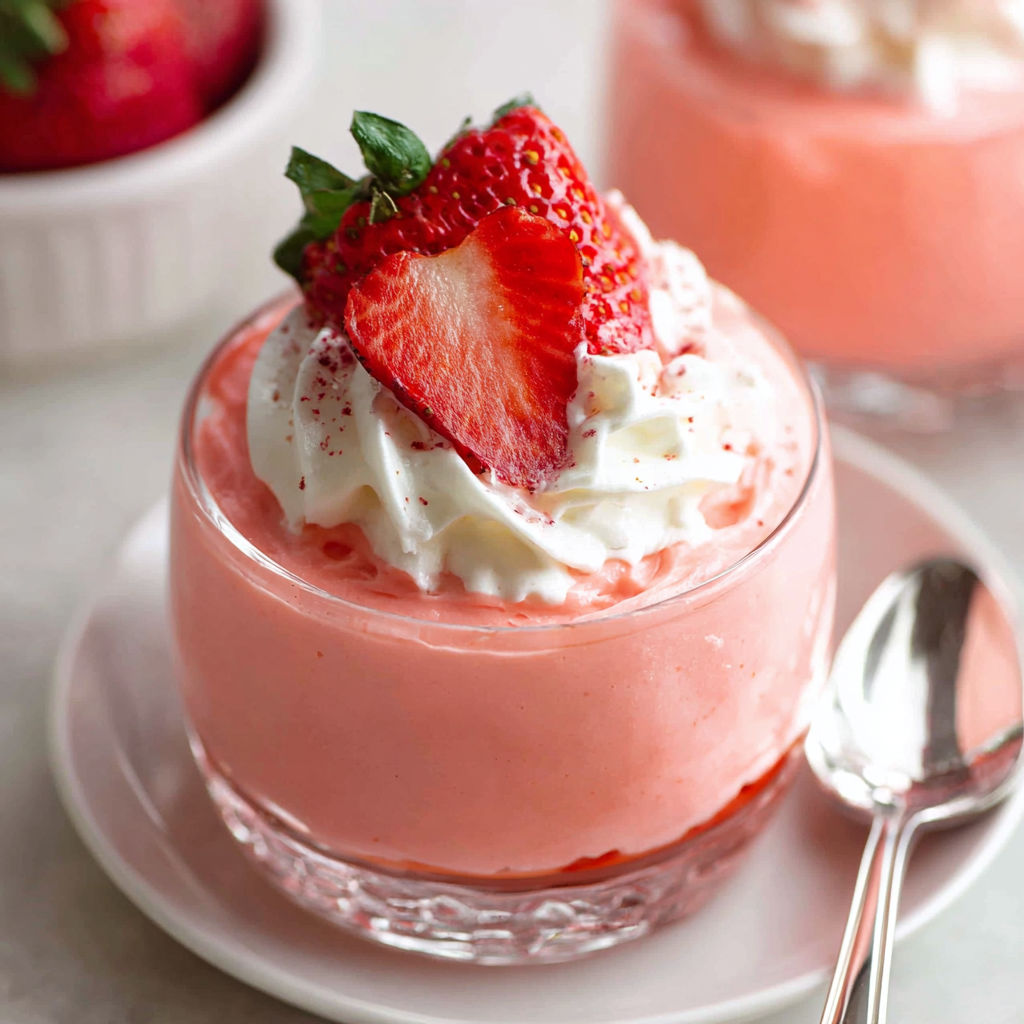 A glass of pink dessert with strawberries and whipped cream.