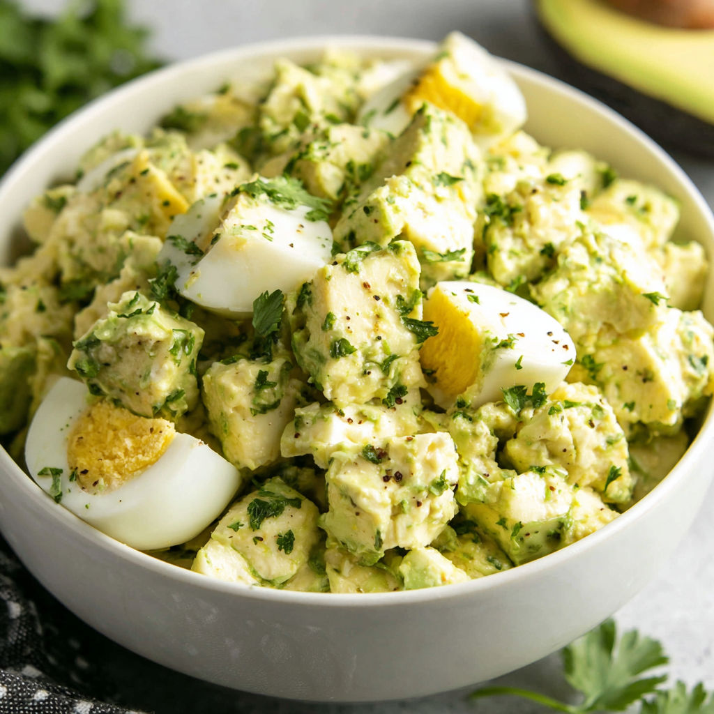A bowl of food with eggs, avocado, and other ingredients.