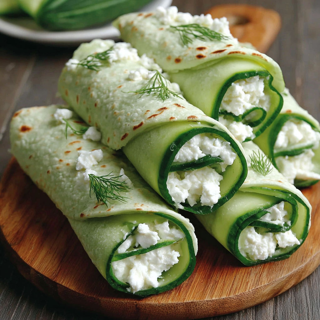 A stack of vegetable wraps with cucumber and cheese.