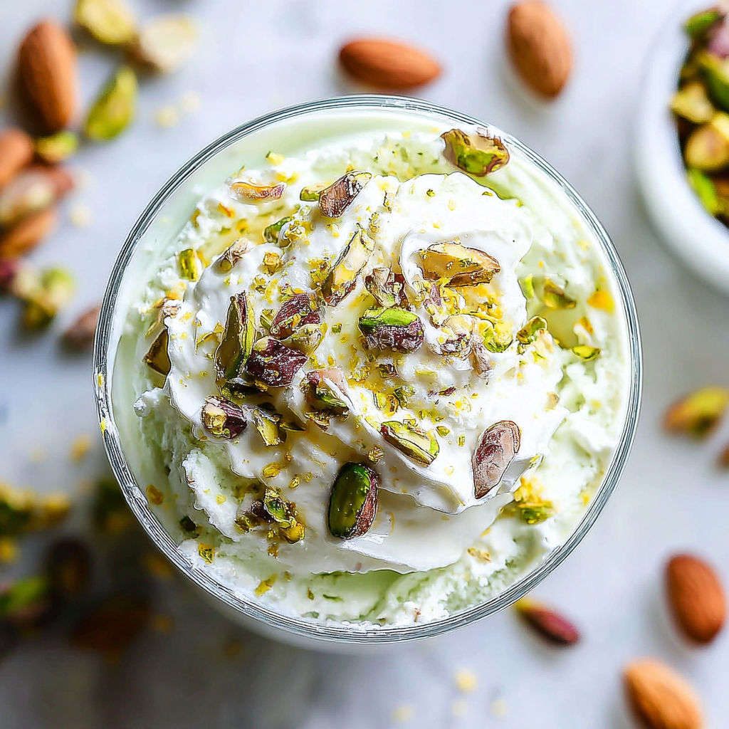 A glass of a white dessert with almonds and pistachios.