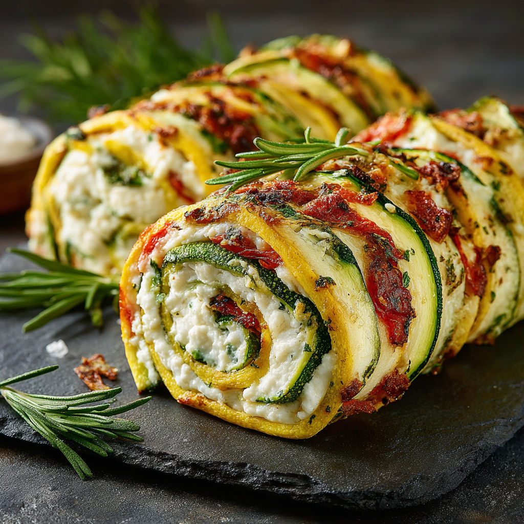 A zucchini roll with cheese and herbs on a black table.