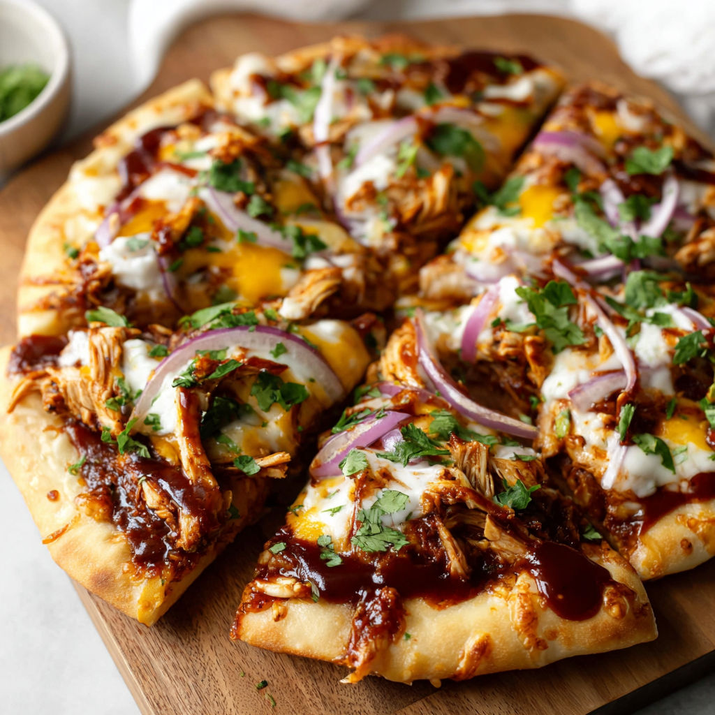 A pizza with meat and onions on a wooden board.