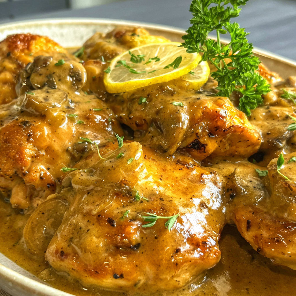 A plate of food with chicken and mushrooms.