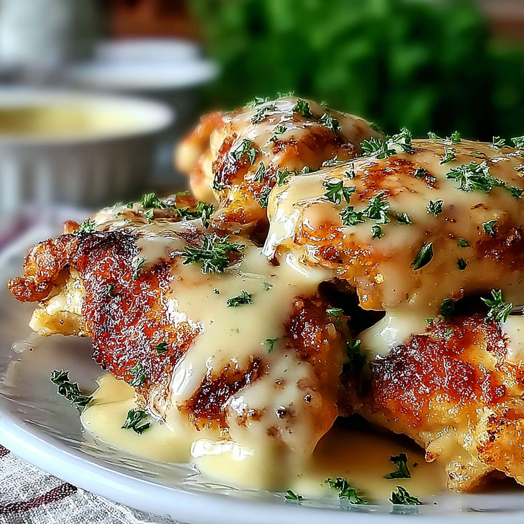 A plate of chicken with sauce on it.