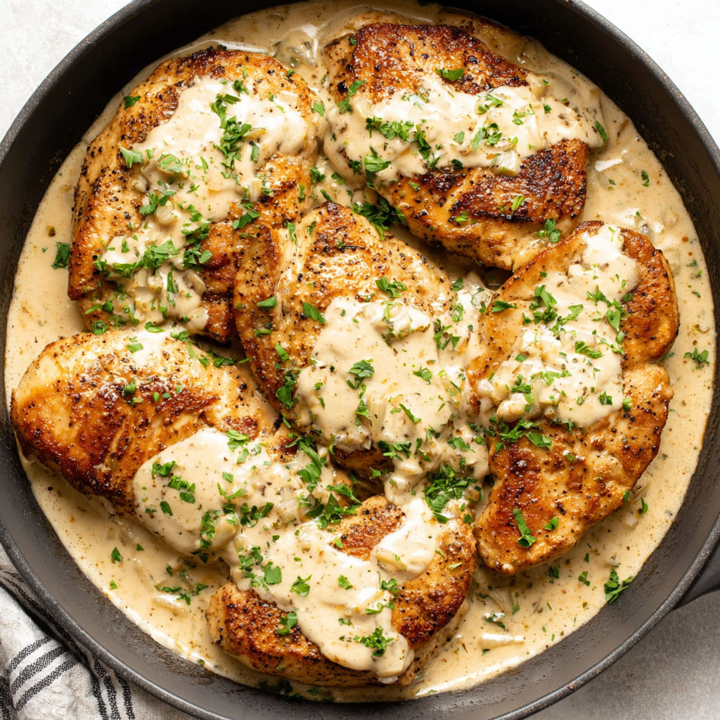 A pan of chicken with sauce and herbs.