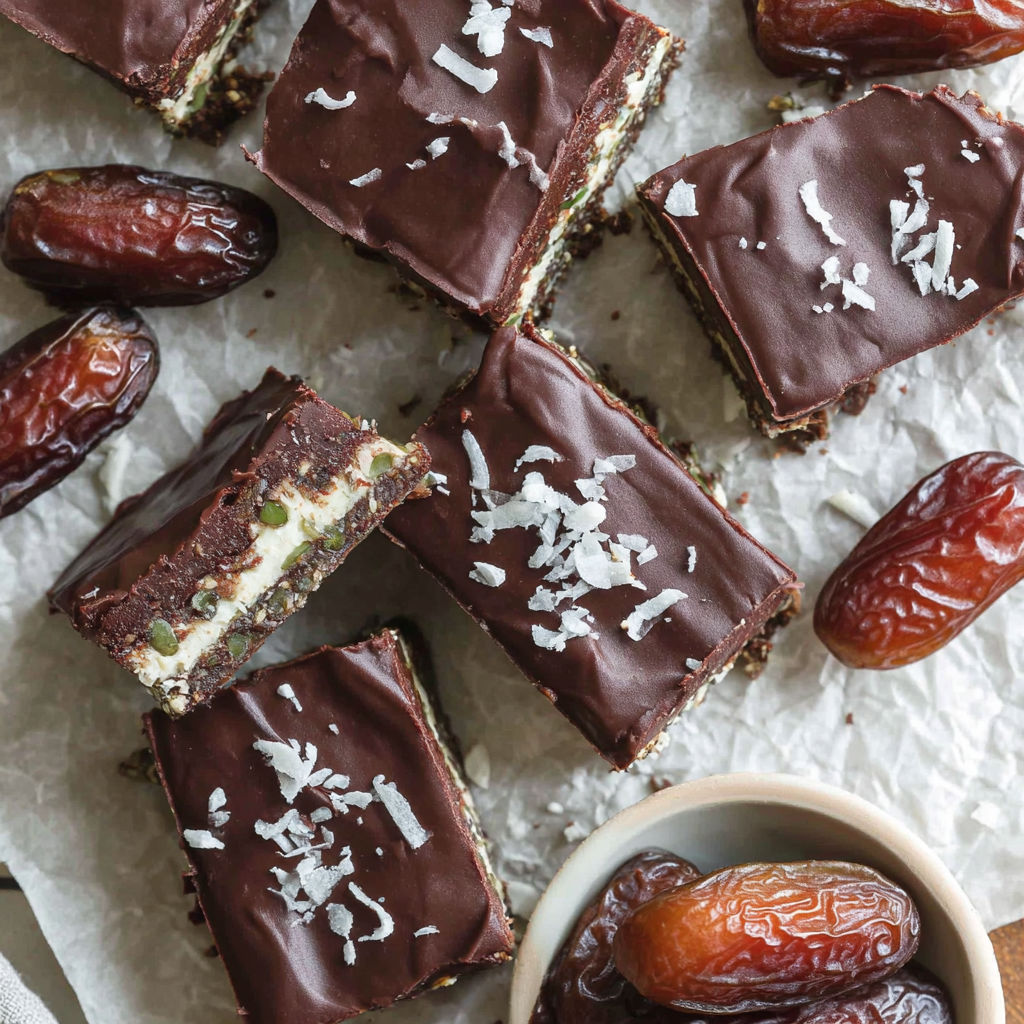 A plate of chocolate desserts with a bowl of raisins.