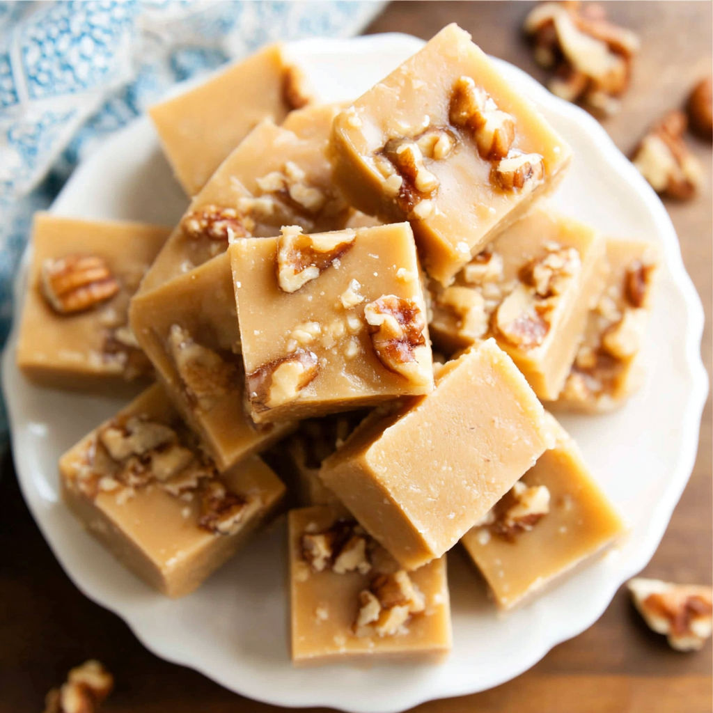 A plate of cake with nuts on top.