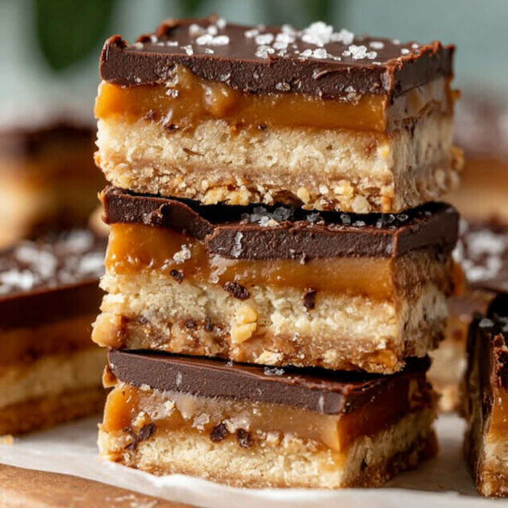 A stack of chocolate and caramel dessert bars.